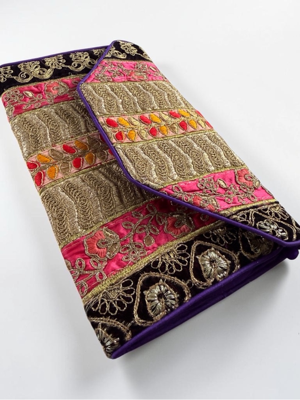 Romantic Boho Embroidered Clutch Shoulder Bag Gold Purple Tapestry Evening Purse